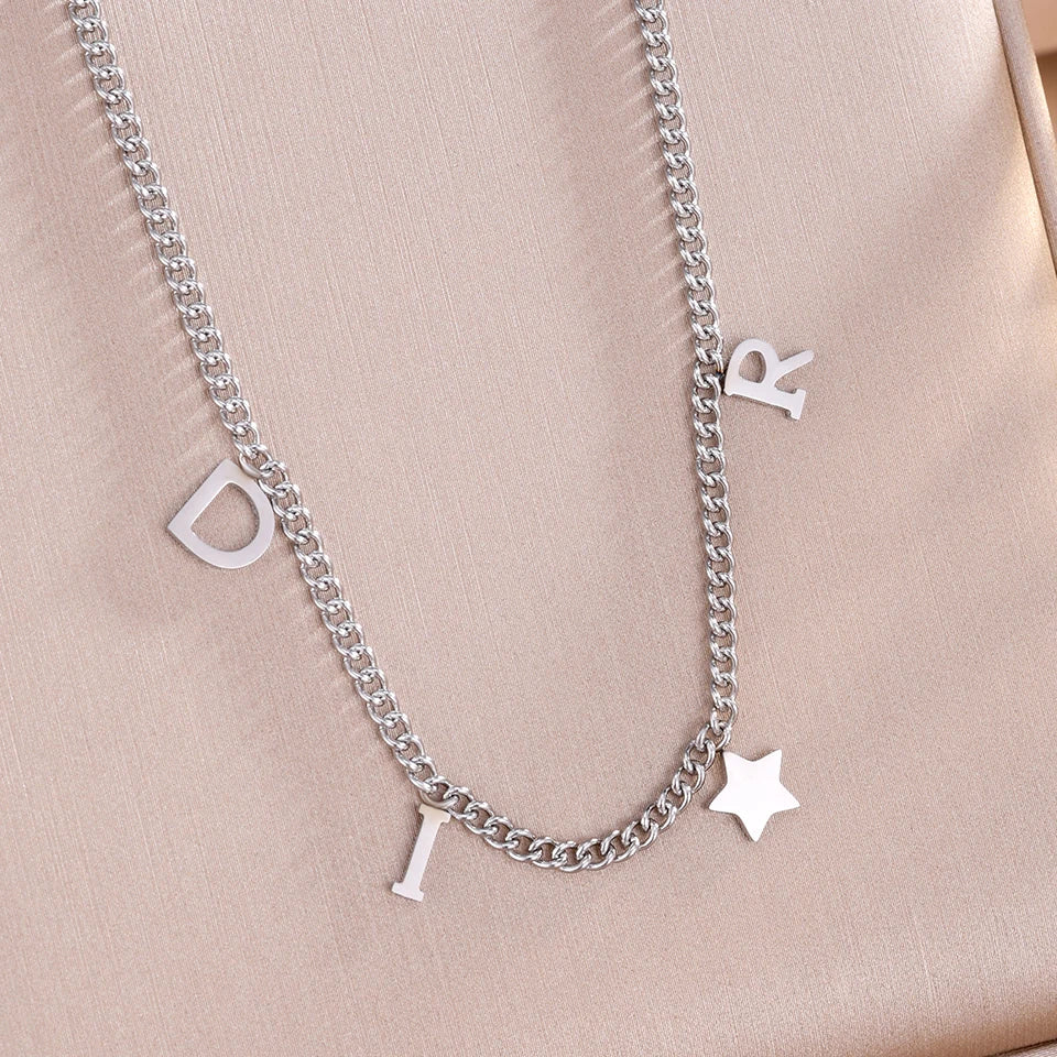 ZAKOL New Fashion Letter Star Pendant Necklace Woman Simple Vintage Stainless Steel Necklace Luxury Jewelry Accessories Gifts