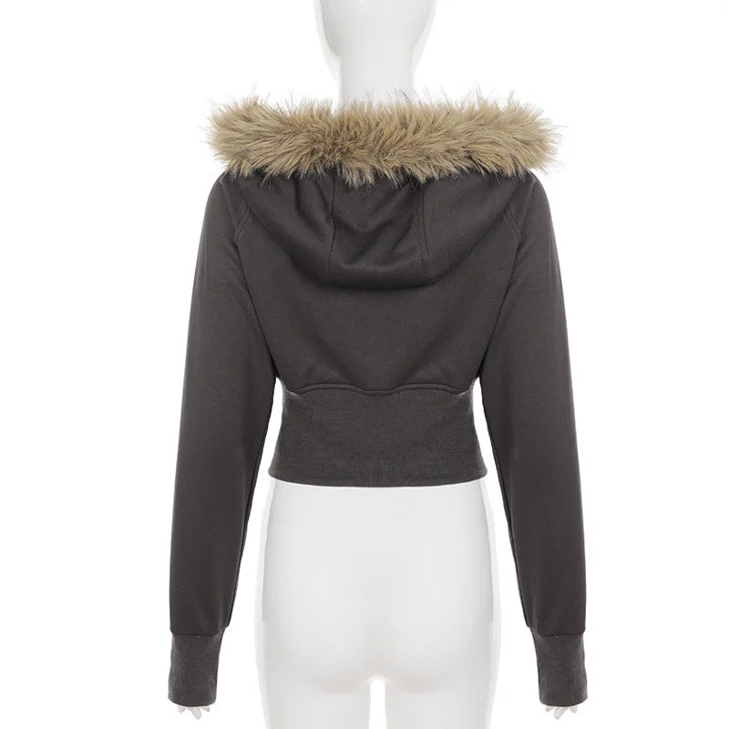 2025 New Autumn Winter Hooded Jackets Fashion Women Long Sleeve Slim Y2K Zipper Vintage Coats High Street Fleece Pocket Outwear