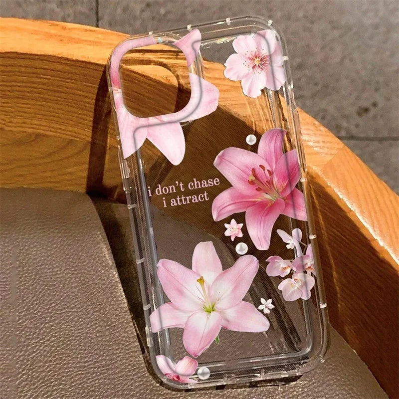 Flower Lily Hibiscue Print Clear Phone Case for Iphone 16 15 14 13 12 11 17 Pro Max Mini 16E 7 8 plus Vintage Floral Soft Cover