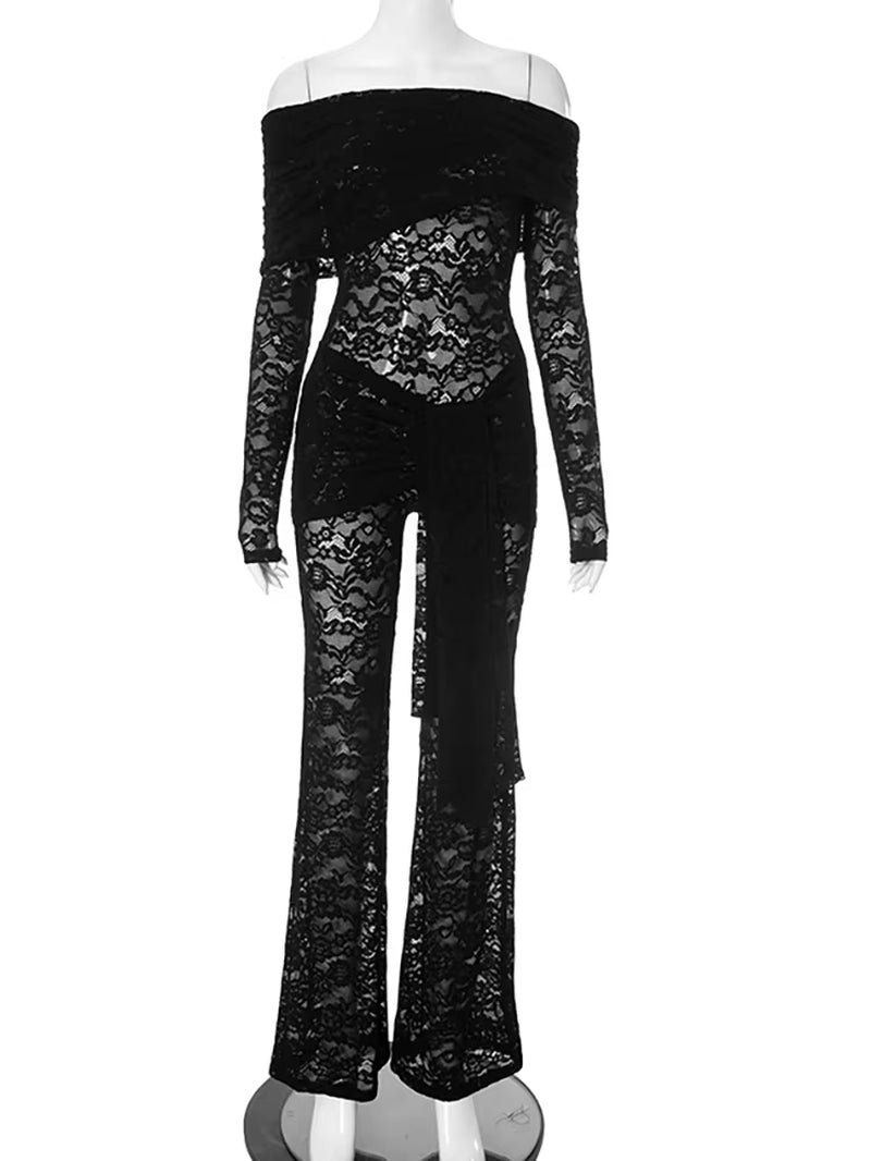 Sexy off Shoulder See through Lace Women Jumpsuit Black Long Sleeve Bandage Romper Spring Skinny Elegant Party Clubwear