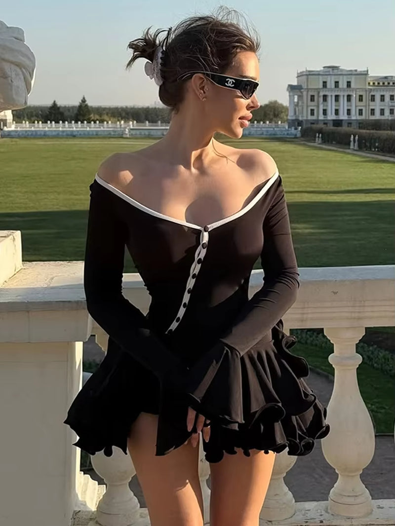 Women'S A-Line Bodycon Mini Dress Ruffle Hem V-Neck Asymmetrical Buttons Long Sleeve Short Dress Party Streetwear Outfits