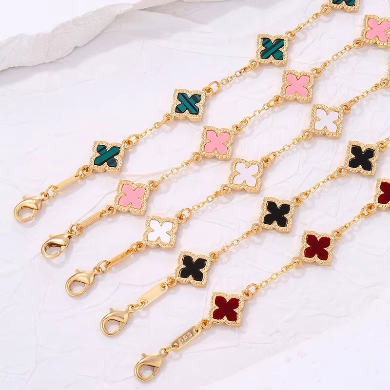Luxury Vintage Four Leaf Clover Charm Bracelet for Women Five-Petal Flower Fashion Wrist Chain Jewelry Party Gifts Bijoux