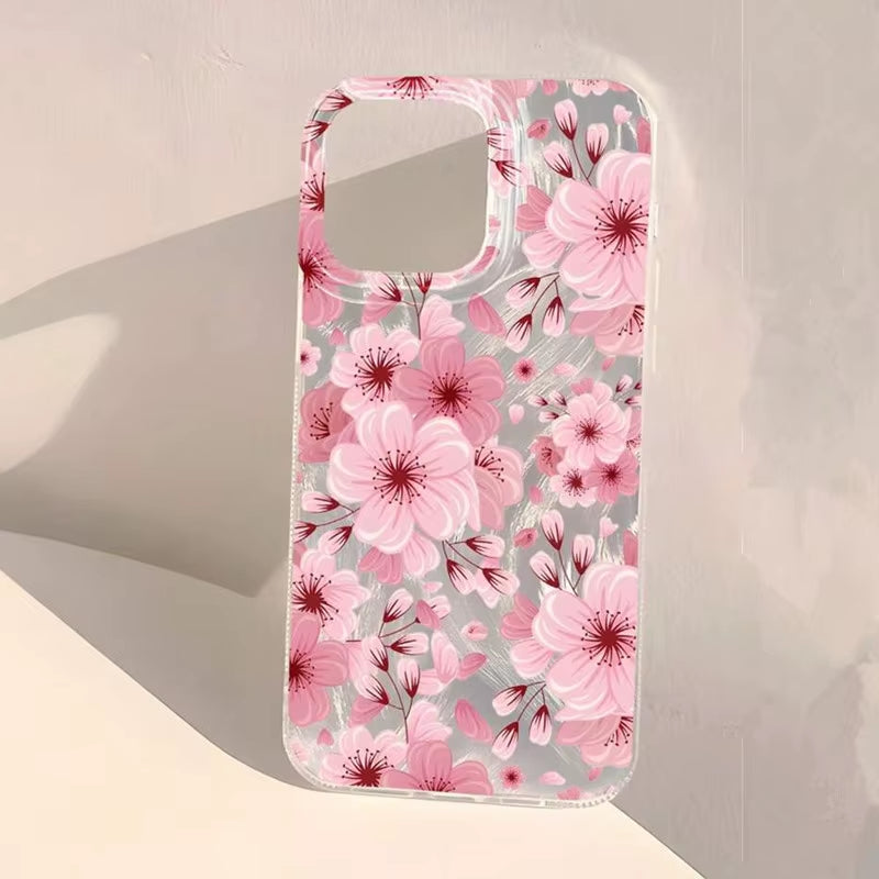 Pink Peach Flower Glitter Shiny Case for Iphone 17 16 16E 15 14 plus 11 12 13 Pro Max X XR XS Max 17 plus Anti-Drop Soft Cover