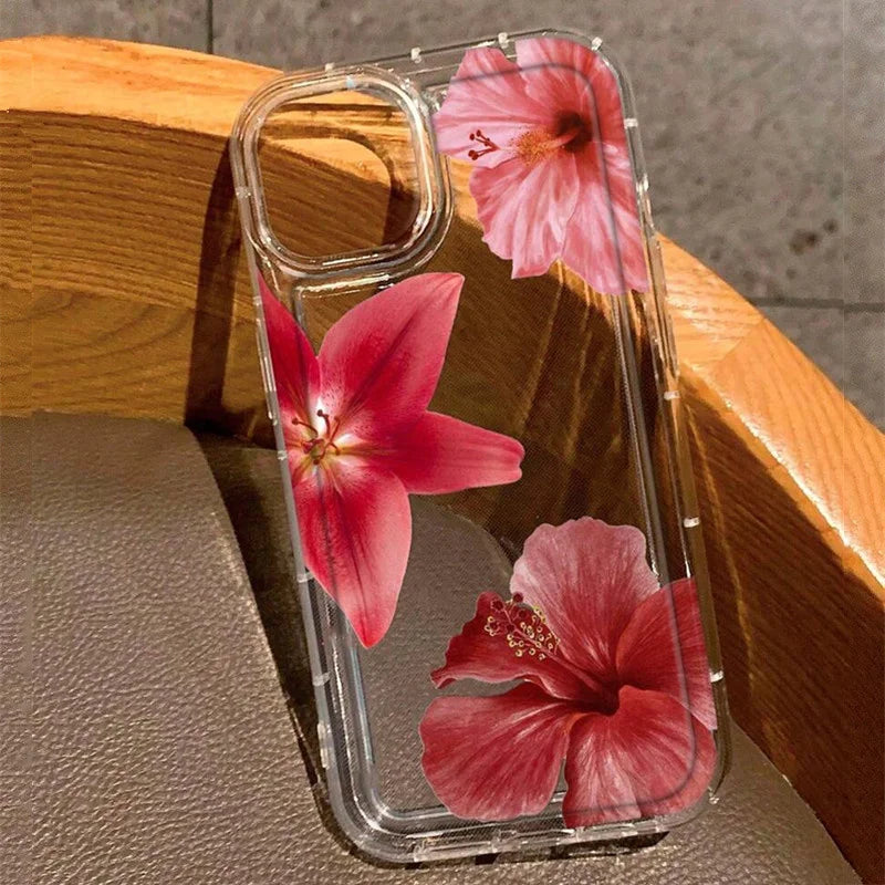 Flower Lily Hibiscue Print Clear Phone Case for Iphone 16 15 14 13 12 11 17 Pro Max Mini 16E 7 8 plus Vintage Floral Soft Cover