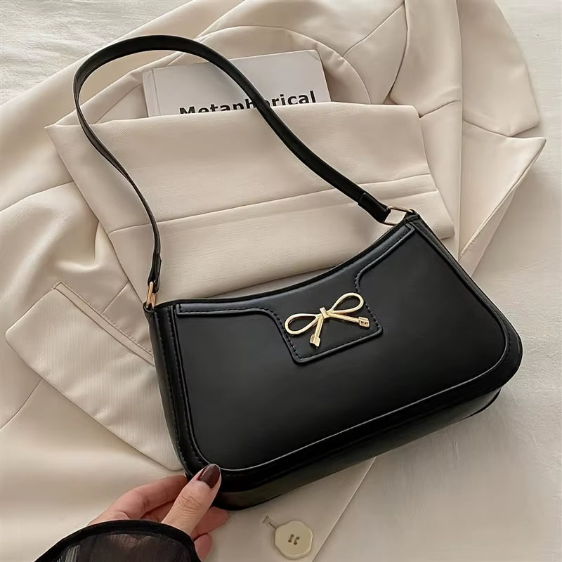 Chic Black Crescent Shoulder Bag for Women Elegant Underarm Purse with Goldentone Bow Detail Polyester Lined Stylish PU Tote Bag