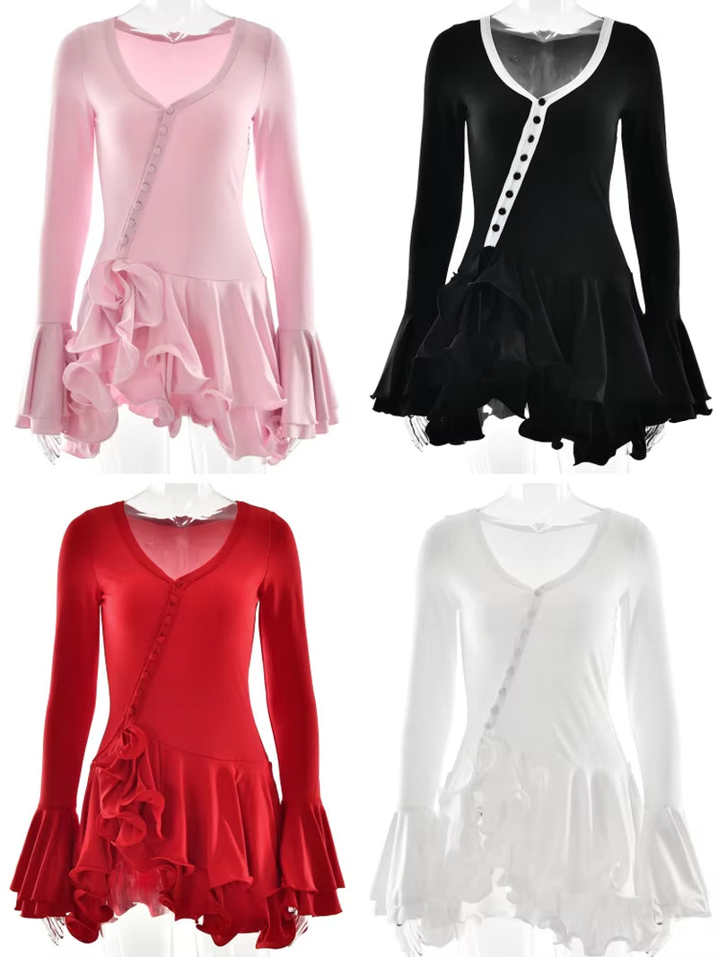 Women'S A-Line Bodycon Mini Dress Ruffle Hem V-Neck Asymmetrical Buttons Long Sleeve Short Dress Party Streetwear Outfits