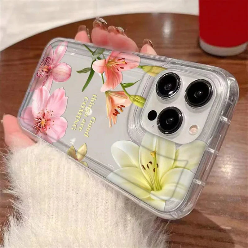 Flower Lily Hibiscue Print Clear Phone Case for Iphone 16 15 14 13 12 11 17 Pro Max Mini 16E 7 8 plus Vintage Floral Soft Cover