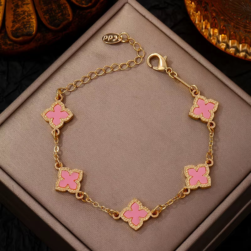 Luxury Vintage Four Leaf Clover Charm Bracelet for Women Five-Petal Flower Fashion Wrist Chain Jewelry Party Gifts Bijoux