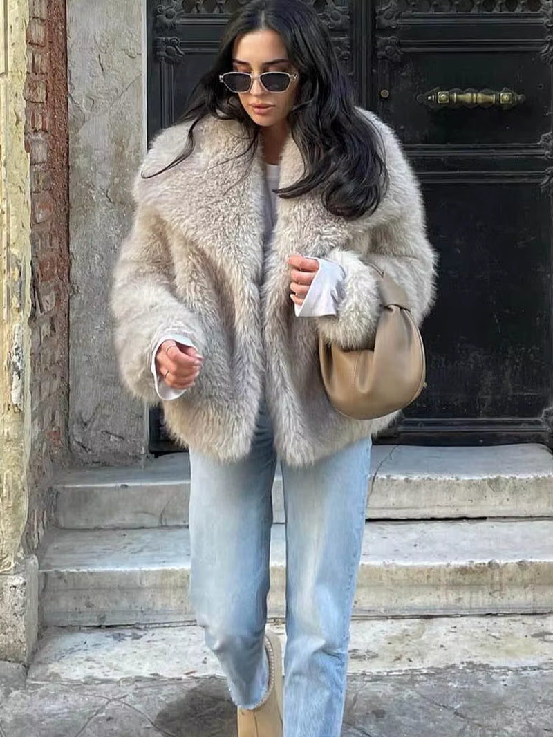 HH Women Fashion Cropped Faux Fur Jacket Coat Long Sleeve Front Snap-Button Female Outerwear Chic Lapel Collar Thick Coat