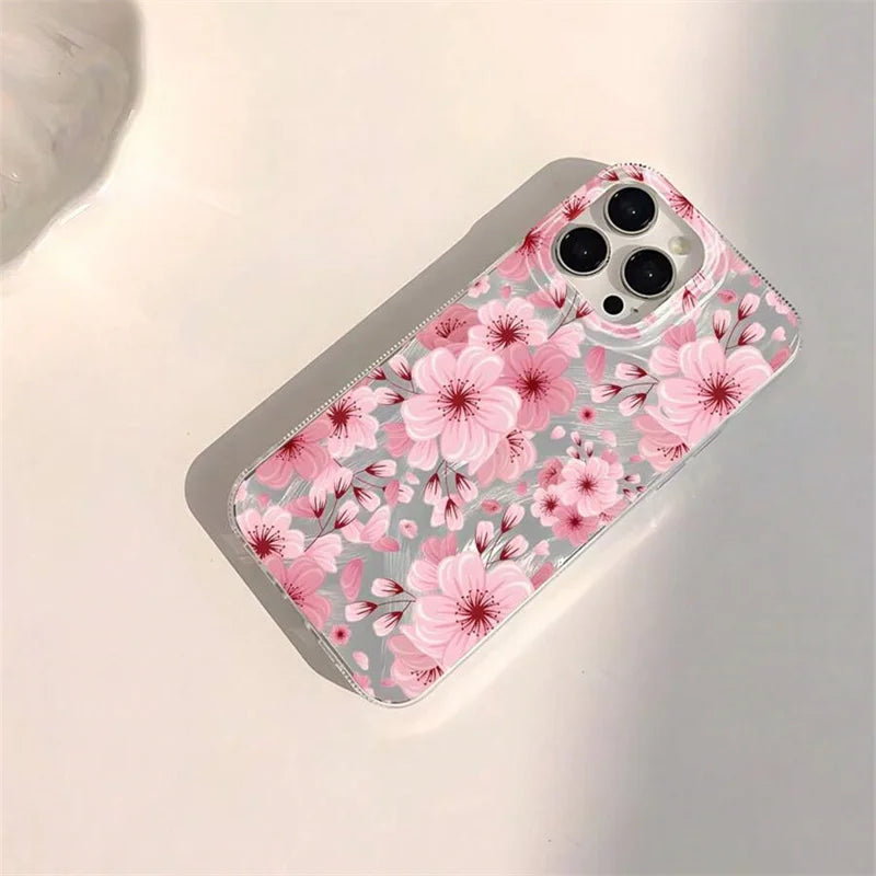 Pink Peach Flower Glitter Shiny Case for Iphone 17 16 16E 15 14 plus 11 12 13 Pro Max X XR XS Max 17 plus Anti-Drop Soft Cover