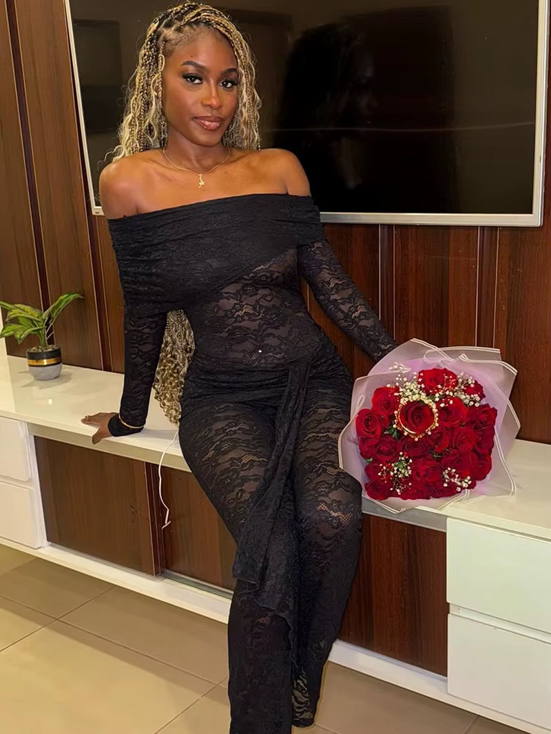 Sexy off Shoulder See through Lace Women Jumpsuit Black Long Sleeve Bandage Romper Spring Skinny Elegant Party Clubwear