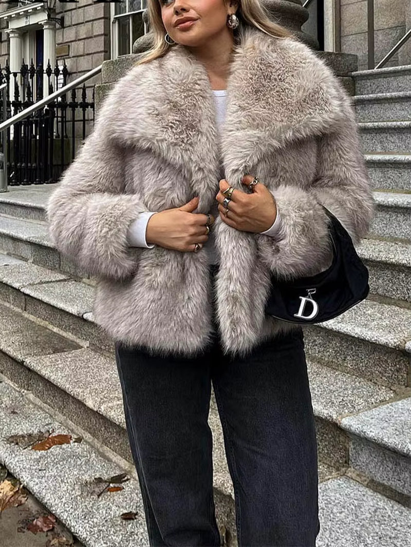 HH Women Fashion Cropped Faux Fur Jacket Coat Long Sleeve Front Snap-Button Female Outerwear Chic Lapel Collar Thick Coat