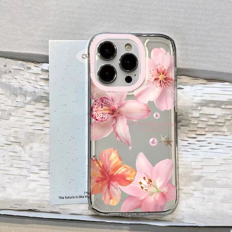 Pink Lily Flower Pattern Phone Case for Iphone 17 16 16E 15 14 13 12 11 Mini Pro Max X XR Xsmax 8Air plus Transparent Back Cover