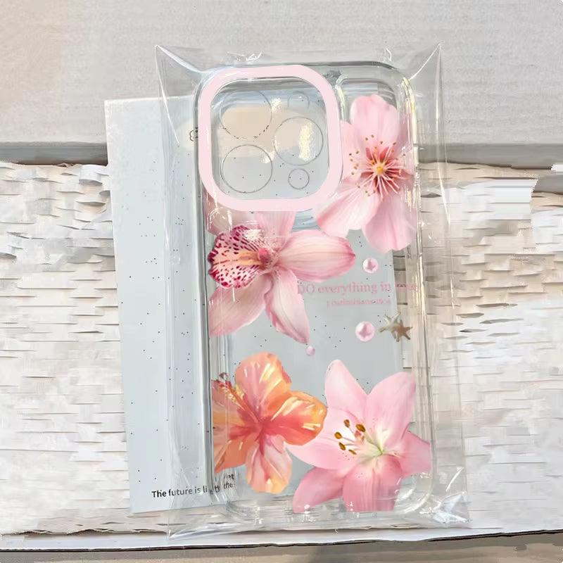 Pink Lily Flower Pattern Phone Case for Iphone 17 16 16E 15 14 13 12 11 Mini Pro Max X XR Xsmax 8Air plus Transparent Back Cover