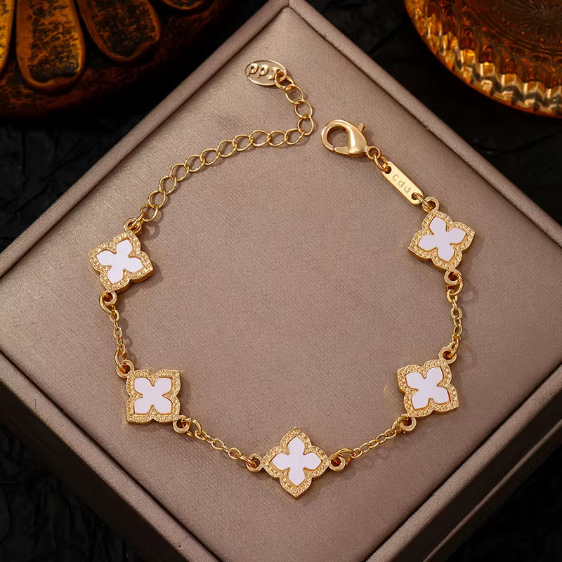 Luxury Vintage Four Leaf Clover Charm Bracelet for Women Five-Petal Flower Fashion Wrist Chain Jewelry Party Gifts Bijoux