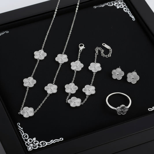 4Pcs Bracelet Necklace Earrings Ring Stainless Steel Five Leaf Flower Jewelry Set Classic for Woman New Fashion Jewelry Clover