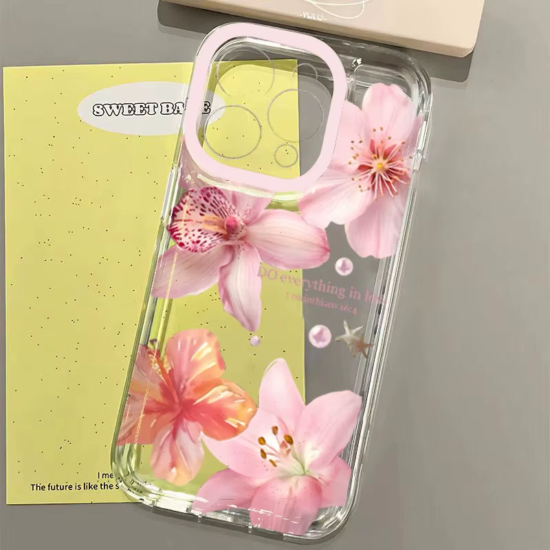 Pink Lily Flower Pattern Phone Case for Iphone 17 16 16E 15 14 13 12 11 Mini Pro Max X XR Xsmax 8Air plus Transparent Back Cover