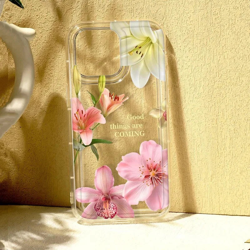 Flower Lily Hibiscue Print Clear Phone Case for Iphone 16 15 14 13 12 11 17 Pro Max Mini 16E 7 8 plus Vintage Floral Soft Cover