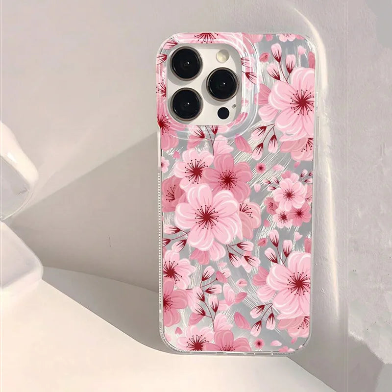 Pink Peach Flower Glitter Shiny Case for Iphone 17 16 16E 15 14 plus 11 12 13 Pro Max X XR XS Max 17 plus Anti-Drop Soft Cover