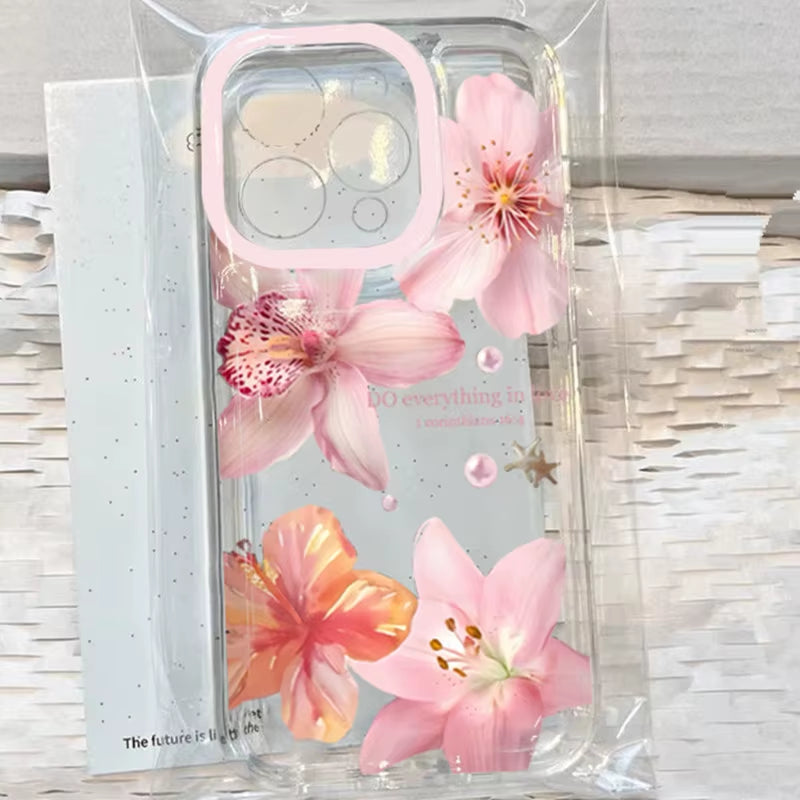 Pink Lily Flower Pattern Phone Case for Iphone 17 16 16E 15 14 13 12 11 Mini Pro Max X XR Xsmax 8Air plus Transparent Back Cover