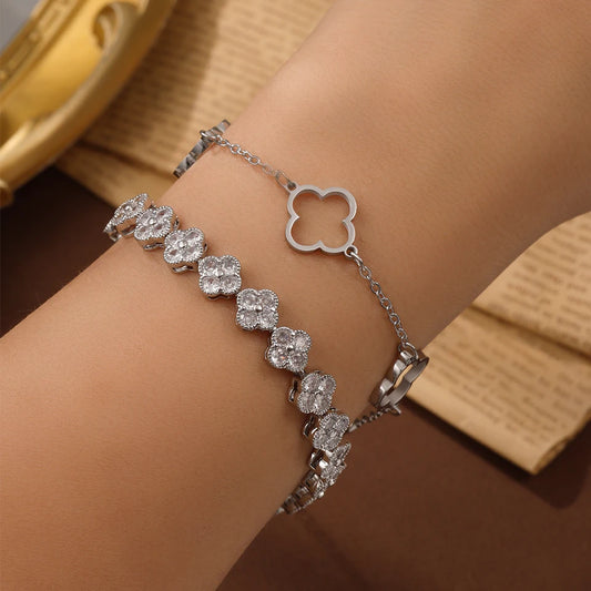 Lucky Four-Leaf Clover Bracelet for Women Buling Zircon Flowers Stainless Steel Bracelets Daily Wedding Wear Jewelry
