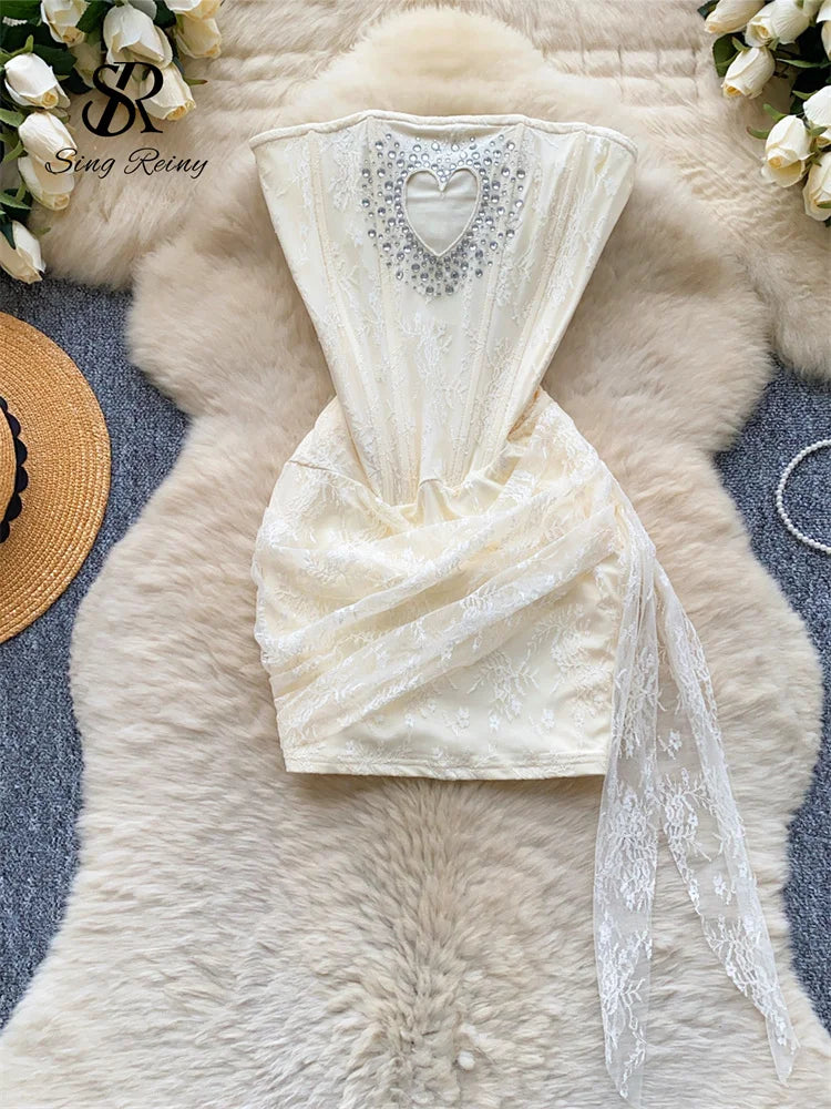 SINGREINY French Strapless Sexy Short Dress 2025 Heart Hollow Out Beading Sundress Backless Corset Lace Beach Mini Dress
