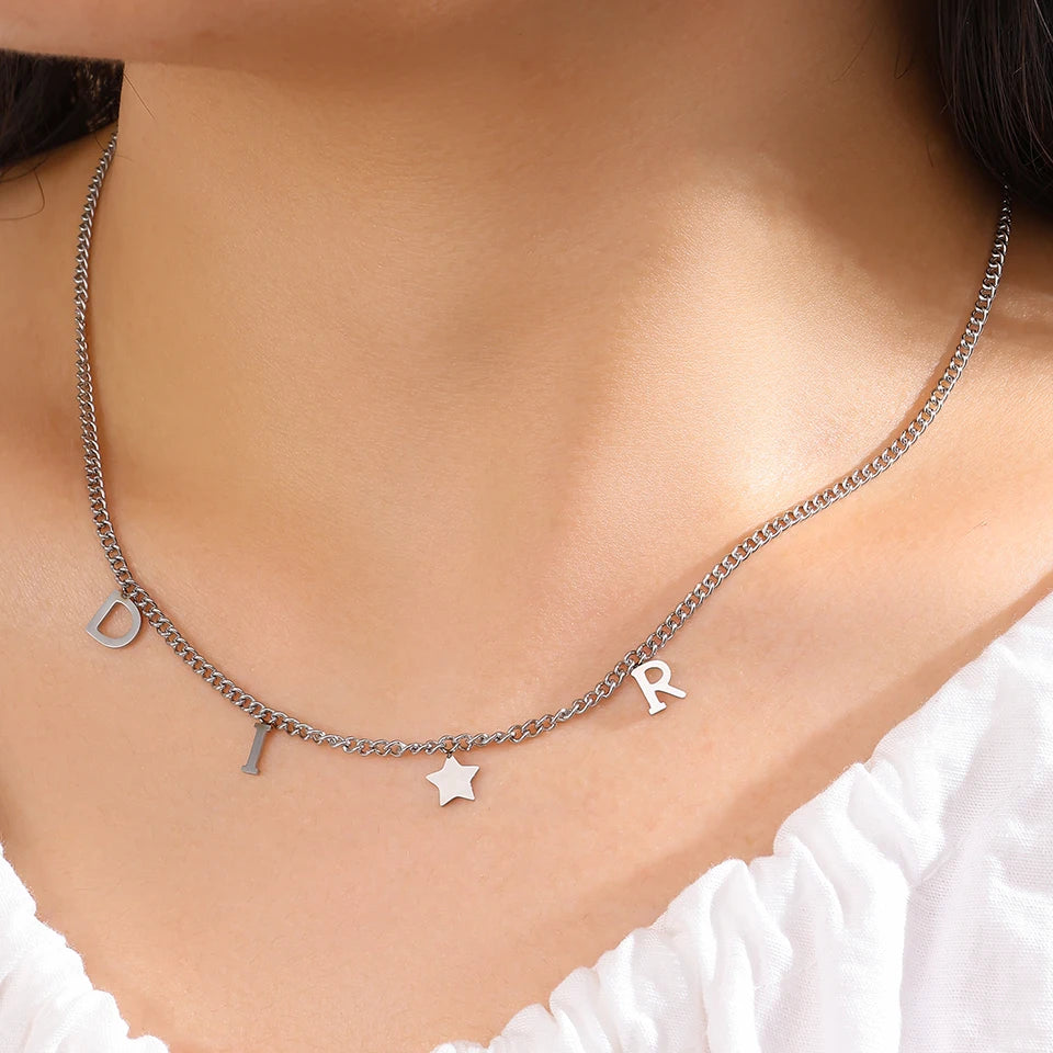 ZAKOL New Fashion Letter Star Pendant Necklace Woman Simple Vintage Stainless Steel Necklace Luxury Jewelry Accessories Gifts