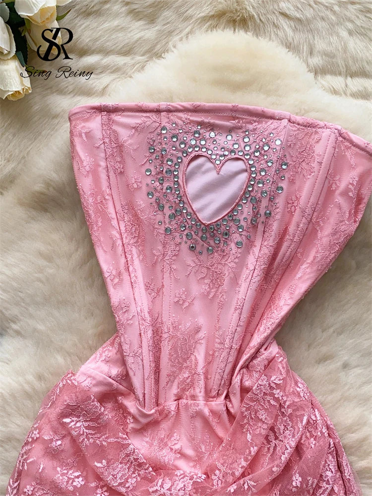 SINGREINY French Strapless Sexy Short Dress 2025 Heart Hollow Out Beading Sundress Backless Corset Lace Beach Mini Dress