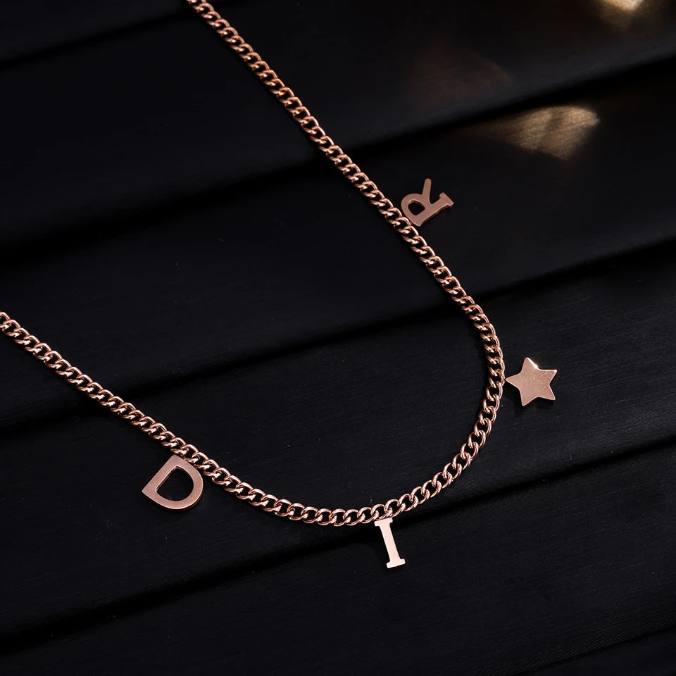 ZAKOL New Fashion Letter Star Pendant Necklace Woman Simple Vintage Stainless Steel Necklace Luxury Jewelry Accessories Gifts
