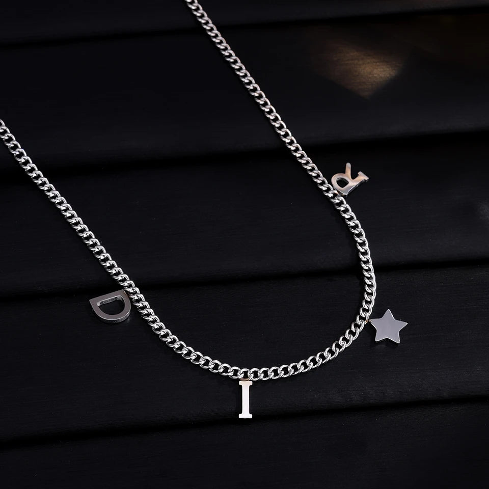 ZAKOL New Fashion Letter Star Pendant Necklace Woman Simple Vintage Stainless Steel Necklace Luxury Jewelry Accessories Gifts