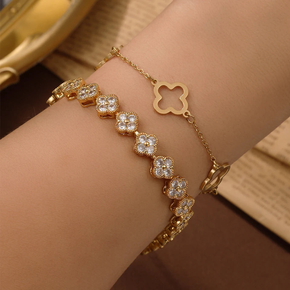 Lucky Four-Leaf Clover Bracelet for Women Buling Zircon Flowers Stainless Steel Bracelets Daily Wedding Wear Jewelry