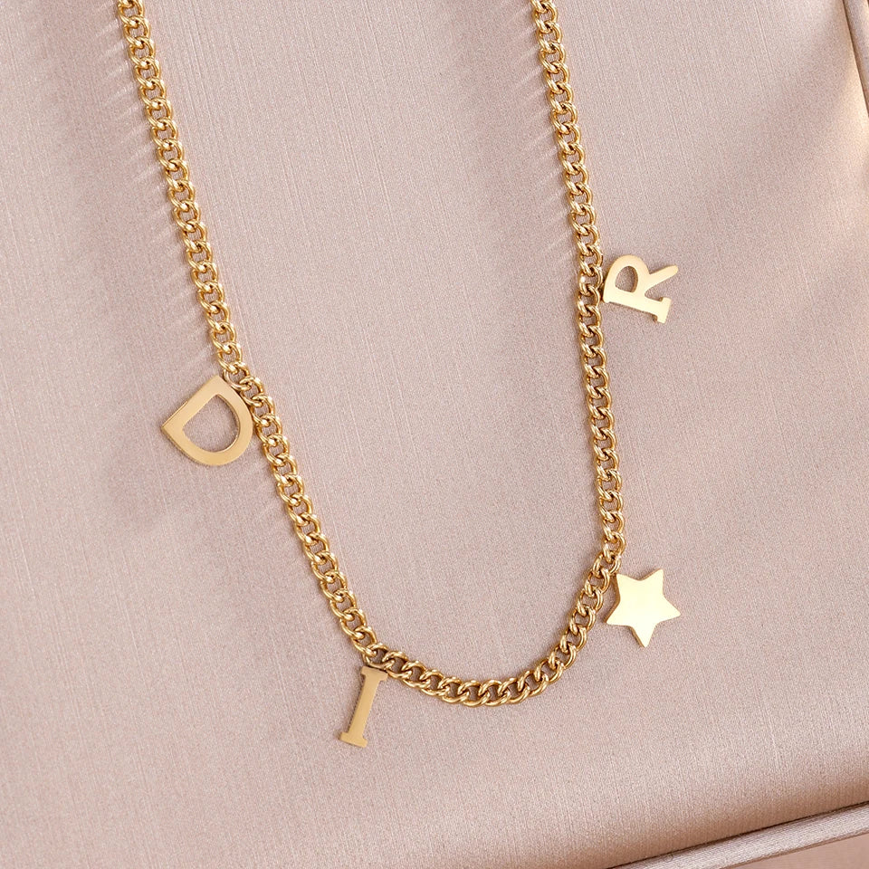 ZAKOL New Fashion Letter Star Pendant Necklace Woman Simple Vintage Stainless Steel Necklace Luxury Jewelry Accessories Gifts