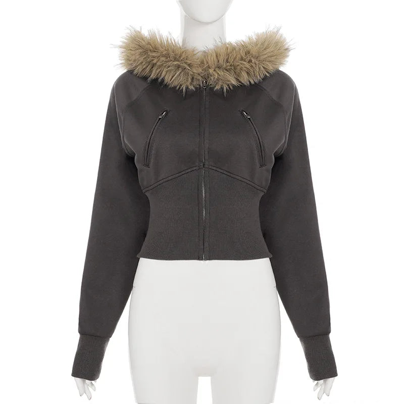 2025 New Autumn Winter Hooded Jackets Fashion Women Long Sleeve Slim Y2K Zipper Vintage Coats High Street Fleece Pocket Outwear