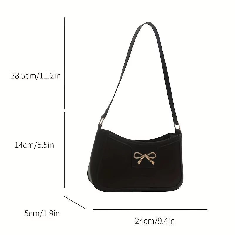 Chic Black Crescent Shoulder Bag for Women Elegant Underarm Purse with Goldentone Bow Detail Polyester Lined Stylish PU Tote Bag