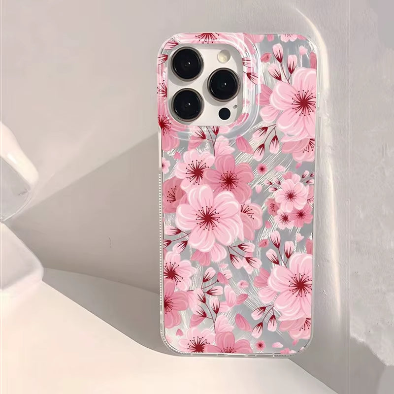 Pink Peach Flower Glitter Shiny Case for Iphone 17 16 16E 15 14 plus 11 12 13 Pro Max X XR XS Max 17 plus Anti-Drop Soft Cover