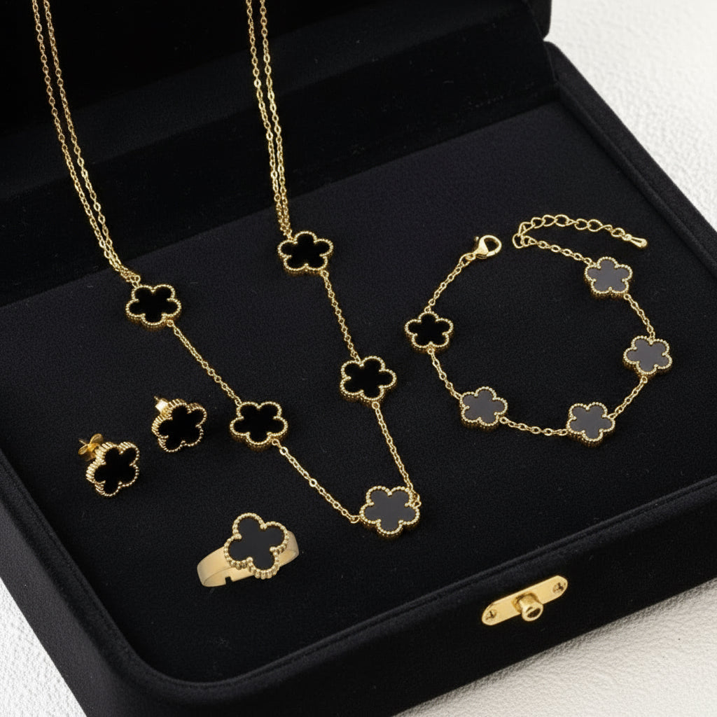 4Pcs Bracelet Necklace Earrings Ring Stainless Steel Five Leaf Flower Jewelry Set Classic for Woman New Fashion Jewelry Clover