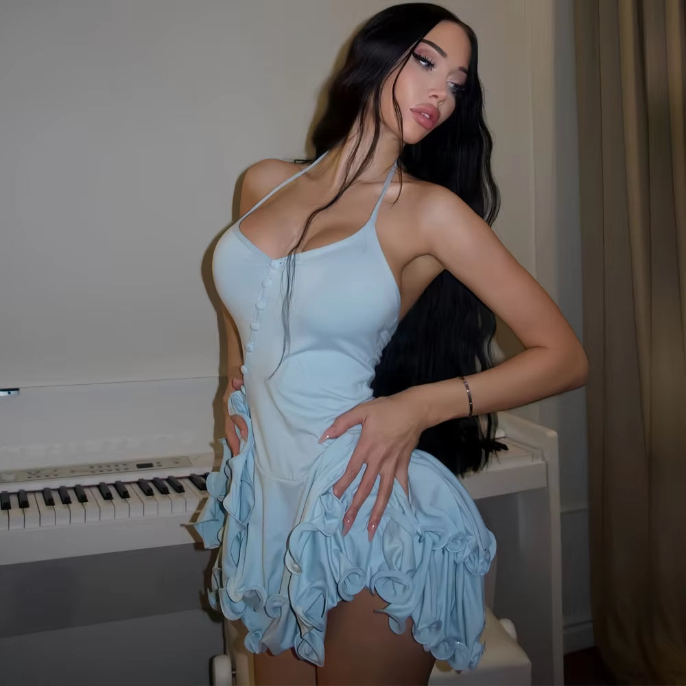 Women'S A-Line Bodycon Mini Dress Ruffle Hem V-Neck Asymmetrical Buttons Long Sleeve Short Dress Party Streetwear Outfits