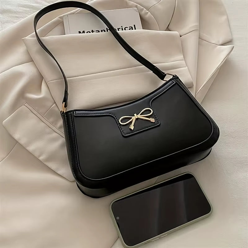 Chic Black Crescent Shoulder Bag for Women Elegant Underarm Purse with Goldentone Bow Detail Polyester Lined Stylish PU Tote Bag