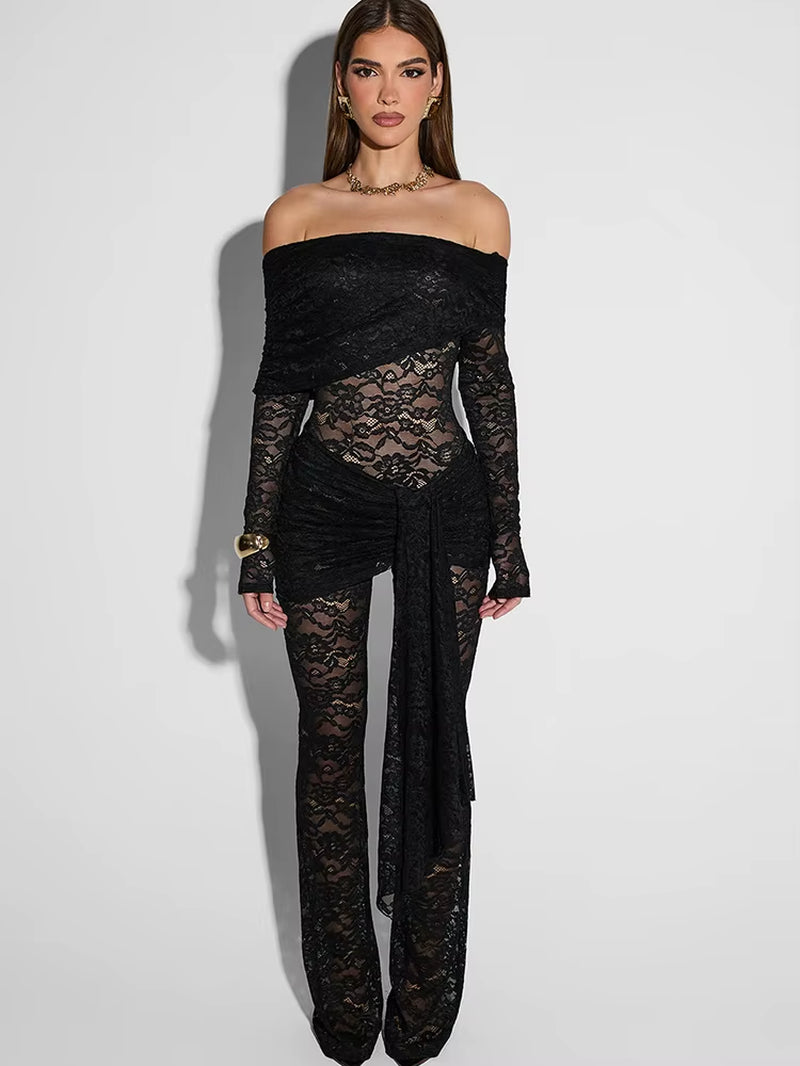Sexy off Shoulder See through Lace Women Jumpsuit Black Long Sleeve Bandage Romper Spring Skinny Elegant Party Clubwear