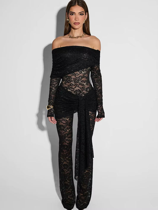 Sexy off Shoulder See through Lace Women Jumpsuit Black Long Sleeve Bandage Romper Spring Skinny Elegant Party Clubwear