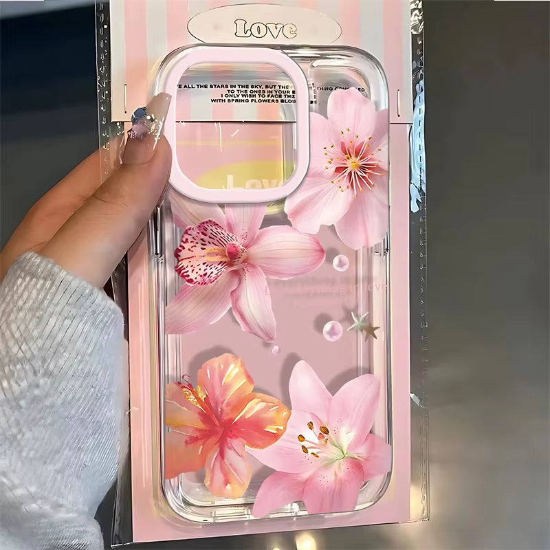 Pink Lily Flower Pattern Phone Case for Iphone 17 16 16E 15 14 13 12 11 Mini Pro Max X XR Xsmax 8Air plus Transparent Back Cover