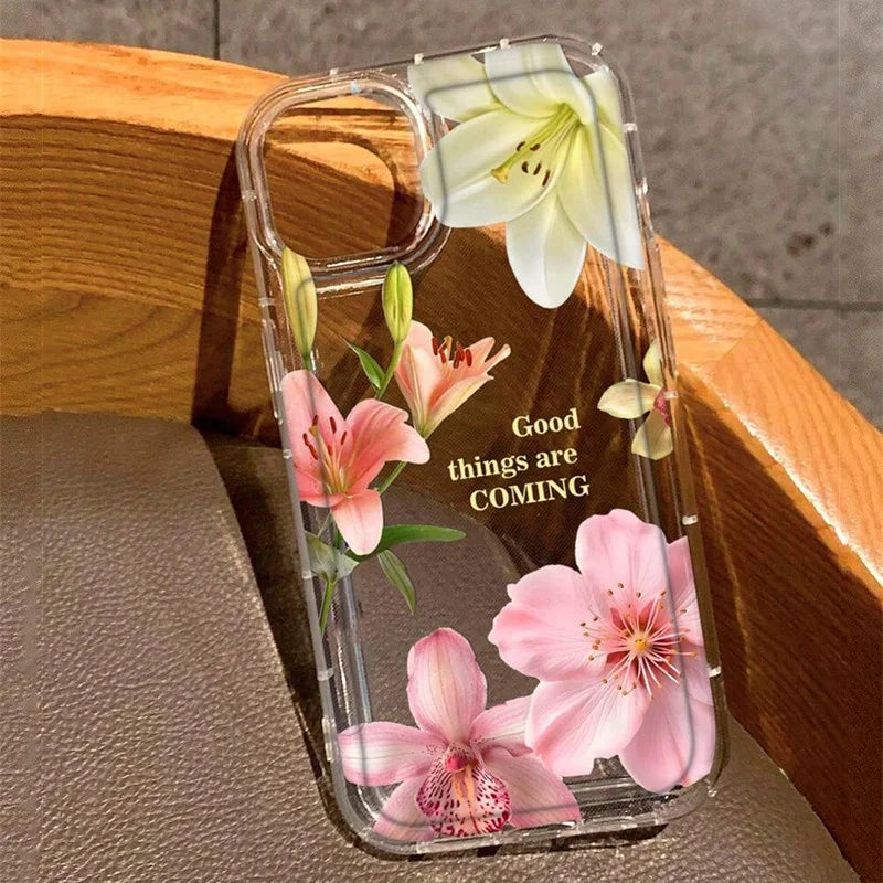 Flower Lily Hibiscue Print Clear Phone Case for Iphone 16 15 14 13 12 11 17 Pro Max Mini 16E 7 8 plus Vintage Floral Soft Cover